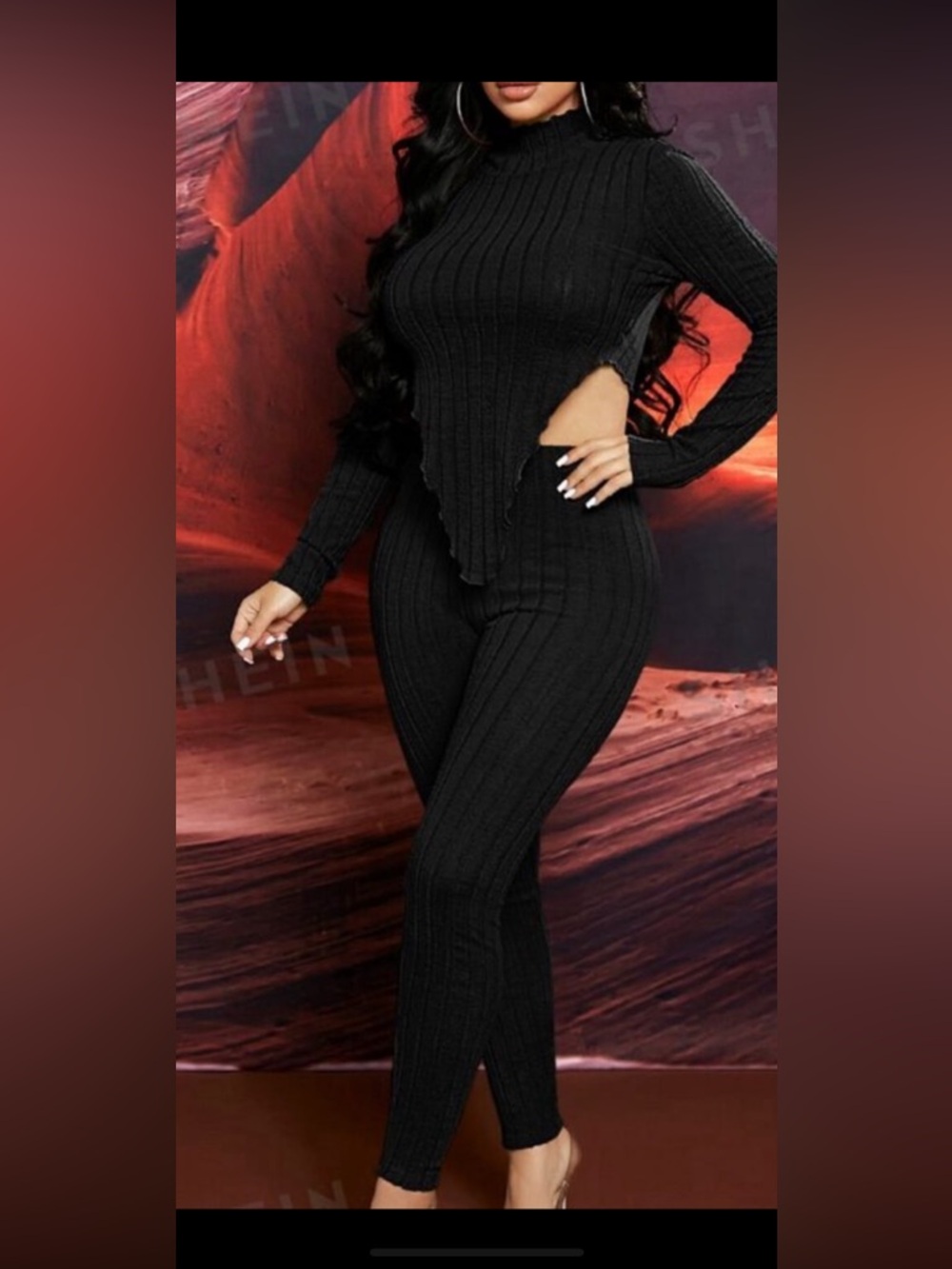 Ribbed Knit Black 2 Piece Pants Set